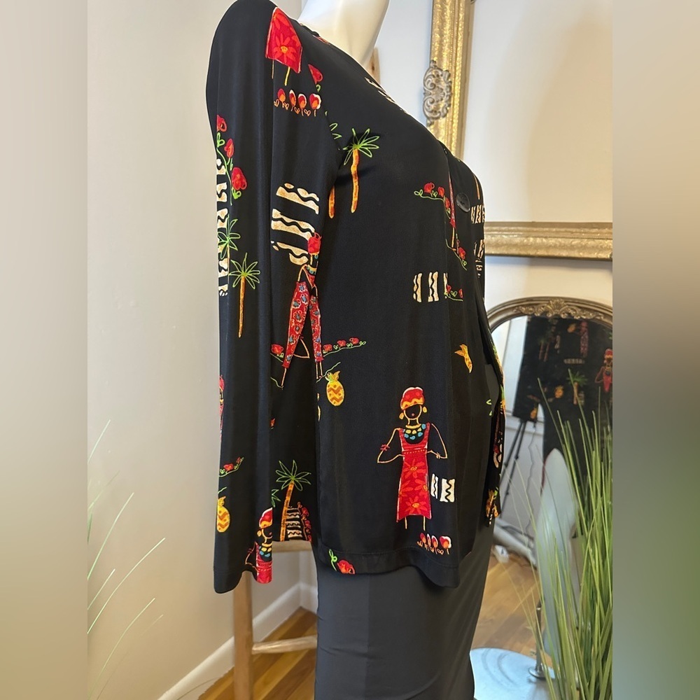 Chico's Travelers Black One Button Cardigan Tribal Village Pattern Size 1 M - Picture 2 of 5